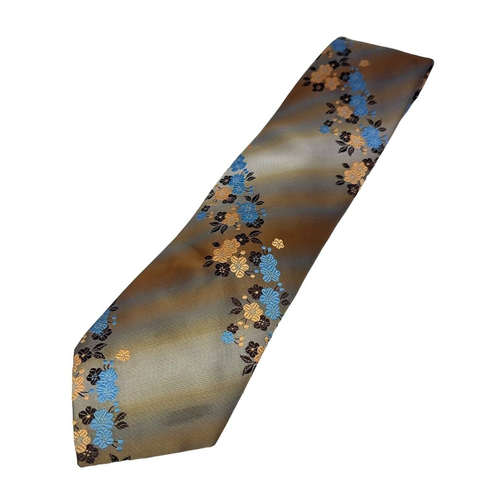 Beau Brummell Men's Necktie Tie Floral‎ Blue Brown Gold Vintage 70s Dandy 55"